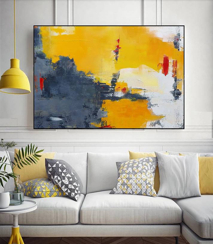 White Canvas Gray Yellow Abstract Canvas Artwork D7EH0 wall art